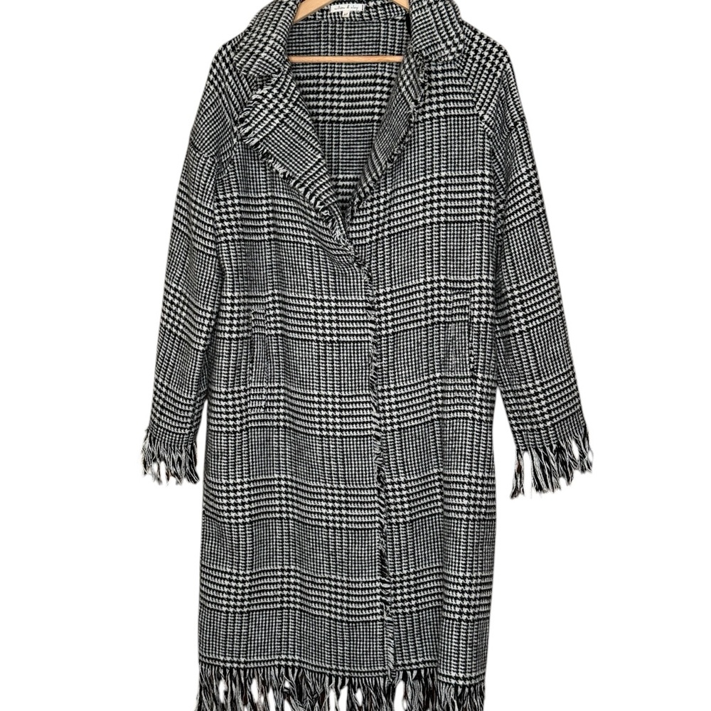 Willow & Clay Plaid Fringe Duster Coat M Black White Boho Minimalist Chic